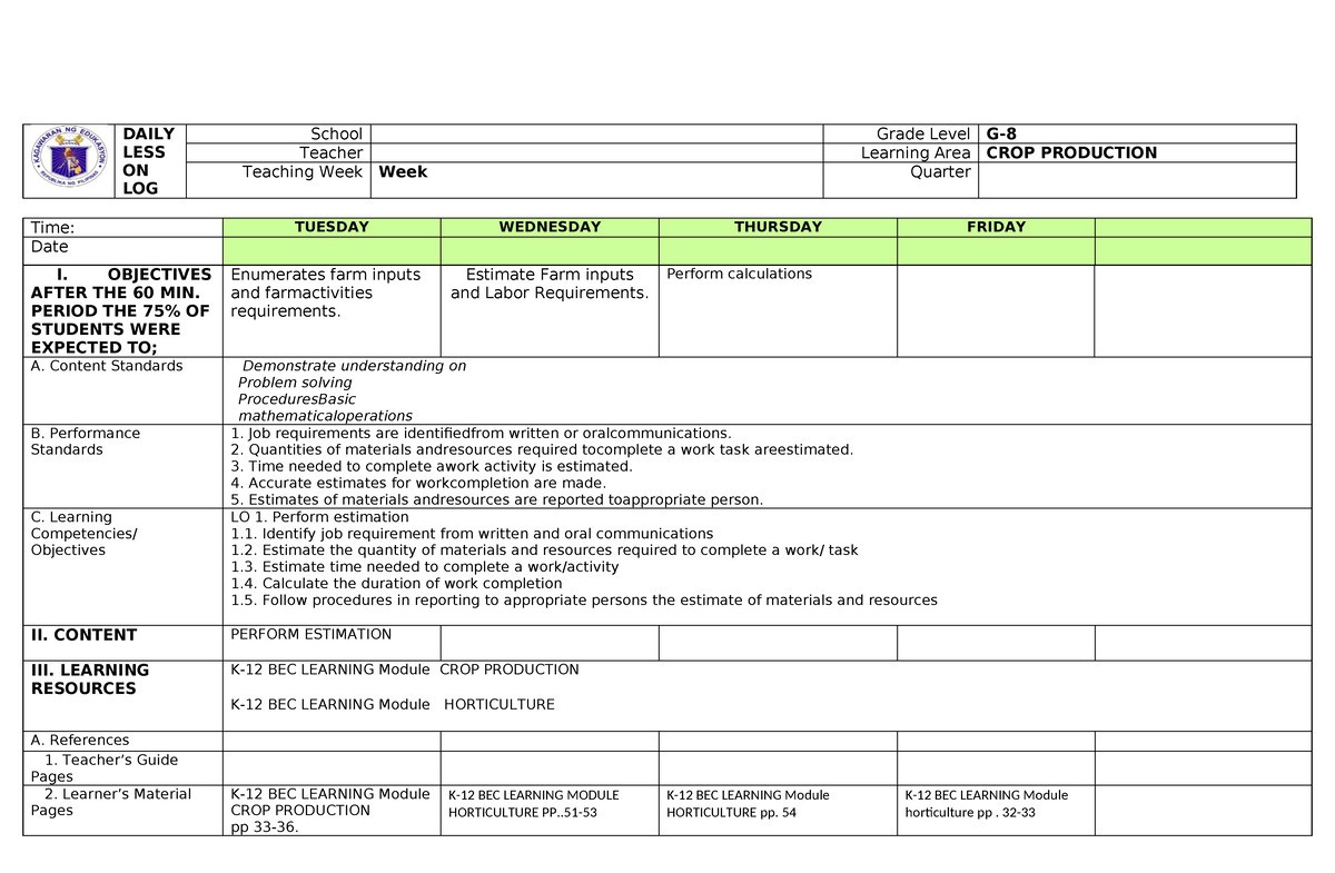 DLL T.L.E. 8 CROP Production - DAILY LESS ON LOG School Grade Level G ...