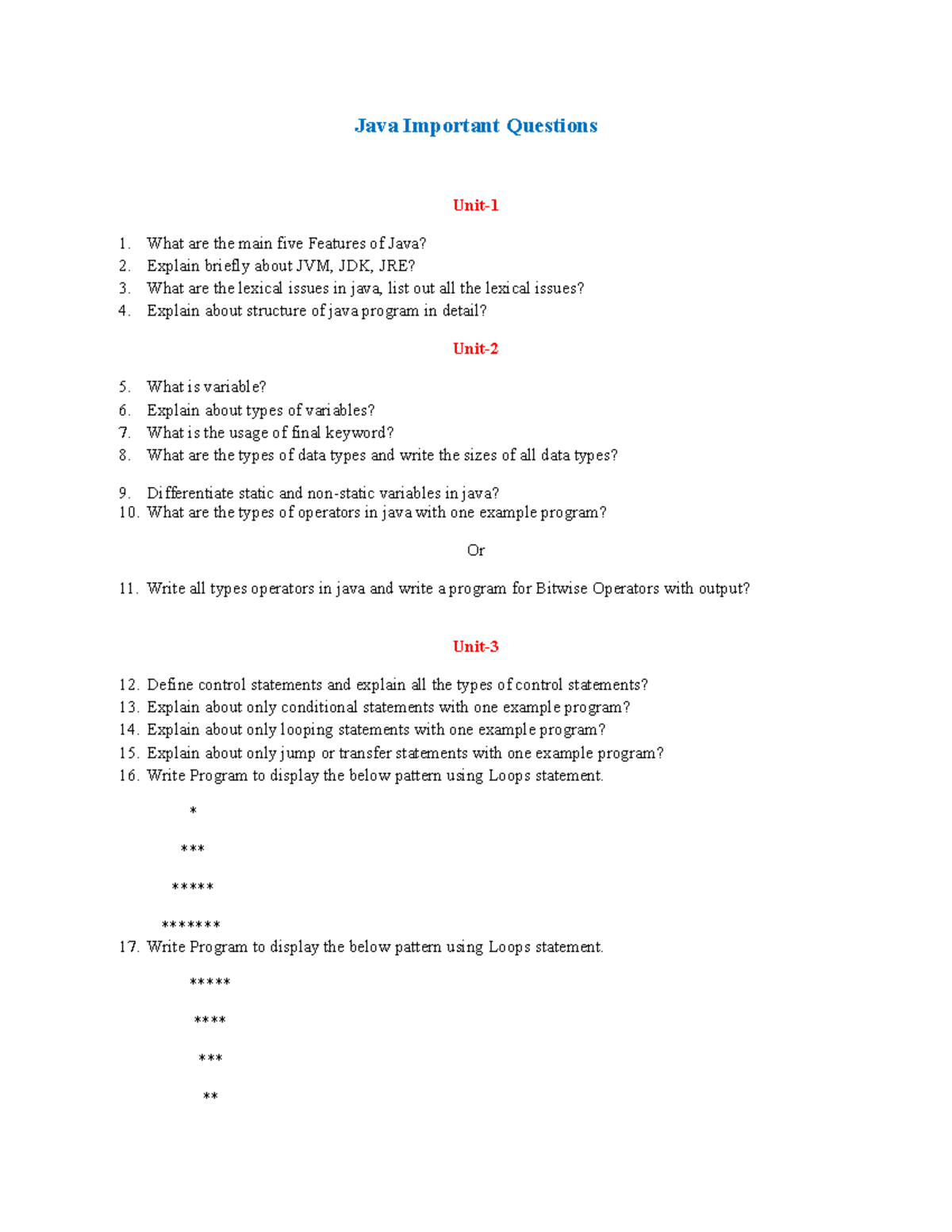 Java Important Question bank - Java Important Questions Unit- What are ...