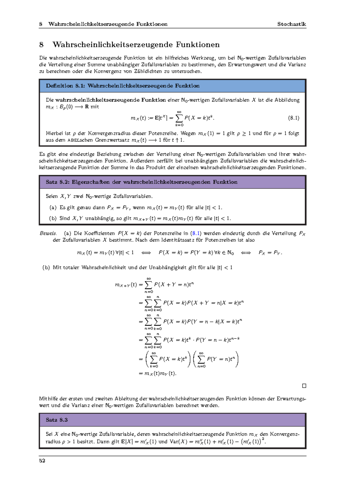 Institut Für Mathematische Stochastik Stochastik Kapitel 8 - 8 Wahrscheinlichkeitserzeugende Funktionen