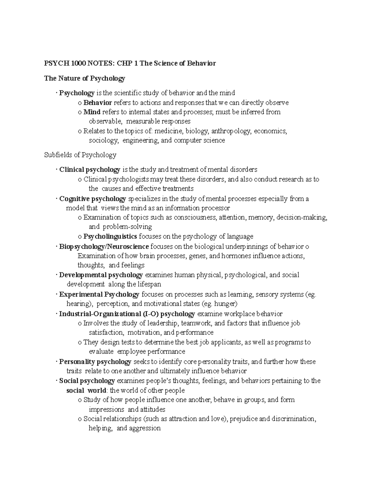 Psych 1000 Chp1 Textbook Notes - PSYCH 1000 NOTES: CHP 1 The Science Of ...