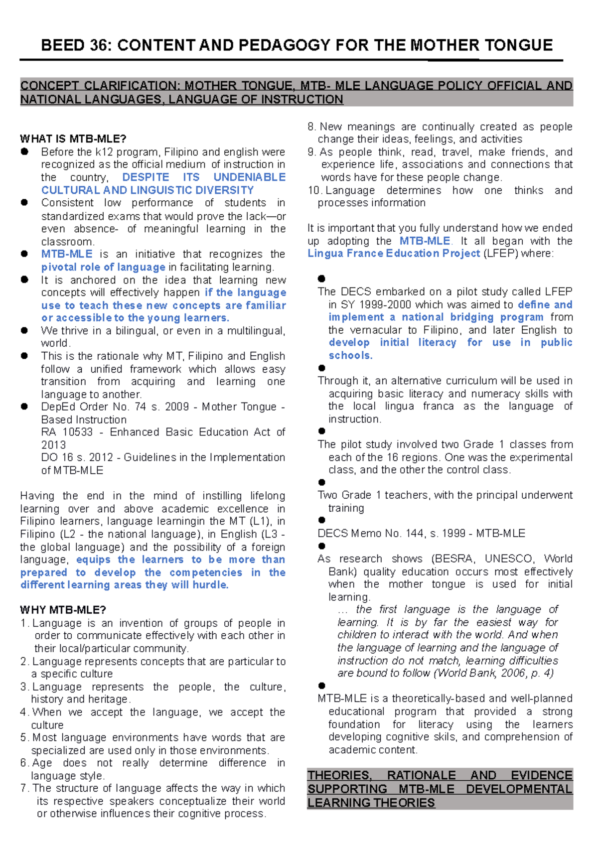 2 BEED 36 Content AND Pedagogy FOR THE Mother Tongue Topics CONCEPT 