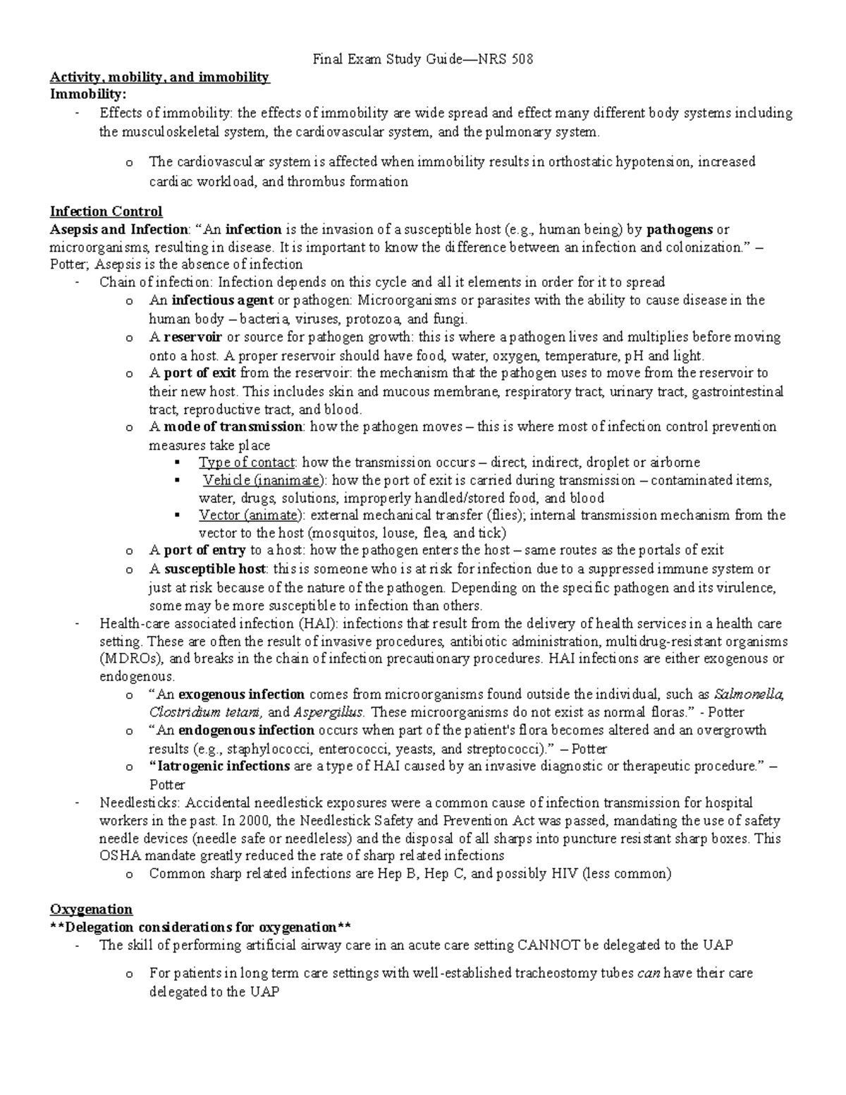 Final Study Guide - Final Exam Study Guide—NRS 508 Activity, mobility ...