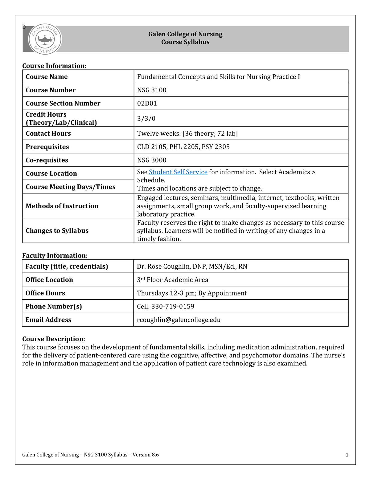 NSG 3100 Syllabus Version 8-6 Coughlin R 02D01 Spring 2024 - B Galen ...