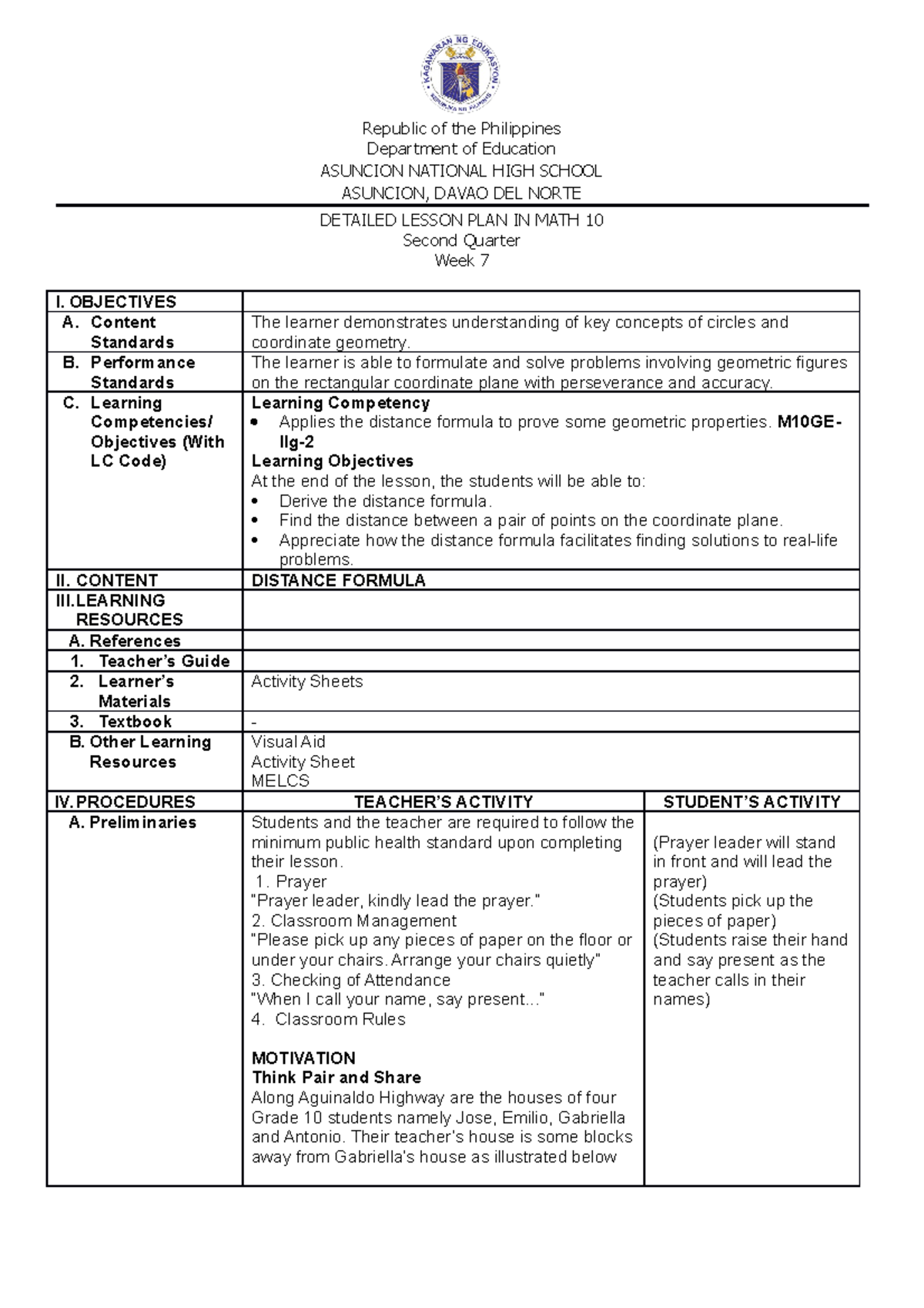 LP- Distance Formula - Republic of the Philippines Department of ...