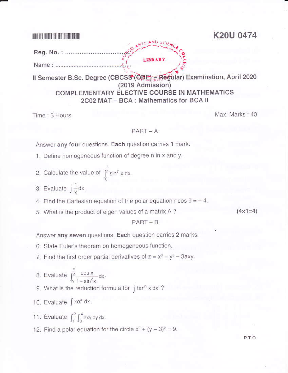 Bca Ii Apr2020 Mathematics For Bca Ii - Rllf Fln FllffI Fi[ K20U F ...