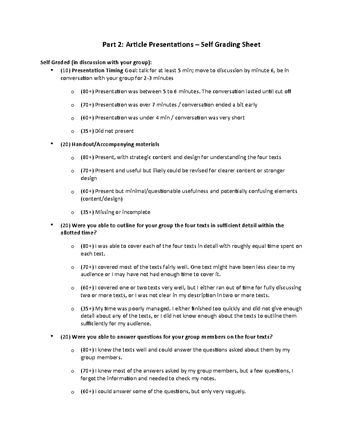 Self Grading Sheet Part 2 Ar)cle Presenta)ons Self Grading Sheet