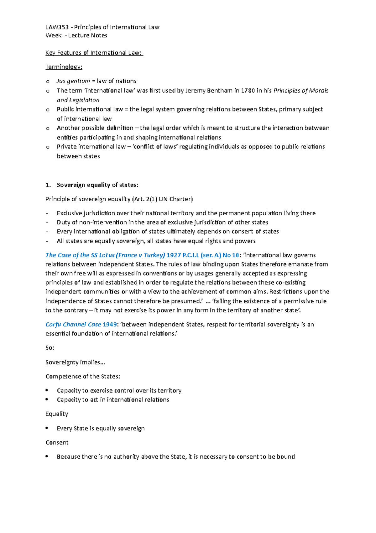 Week 1 - Lecture Notes - LAW353 - Principles of International Law Week ...