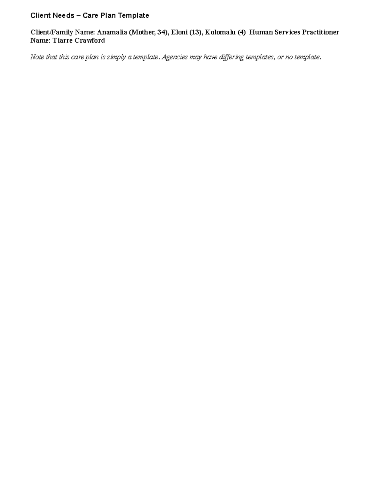 HSE 315 Client Needs Care Plan Template - Client Needs – Care Plan ...