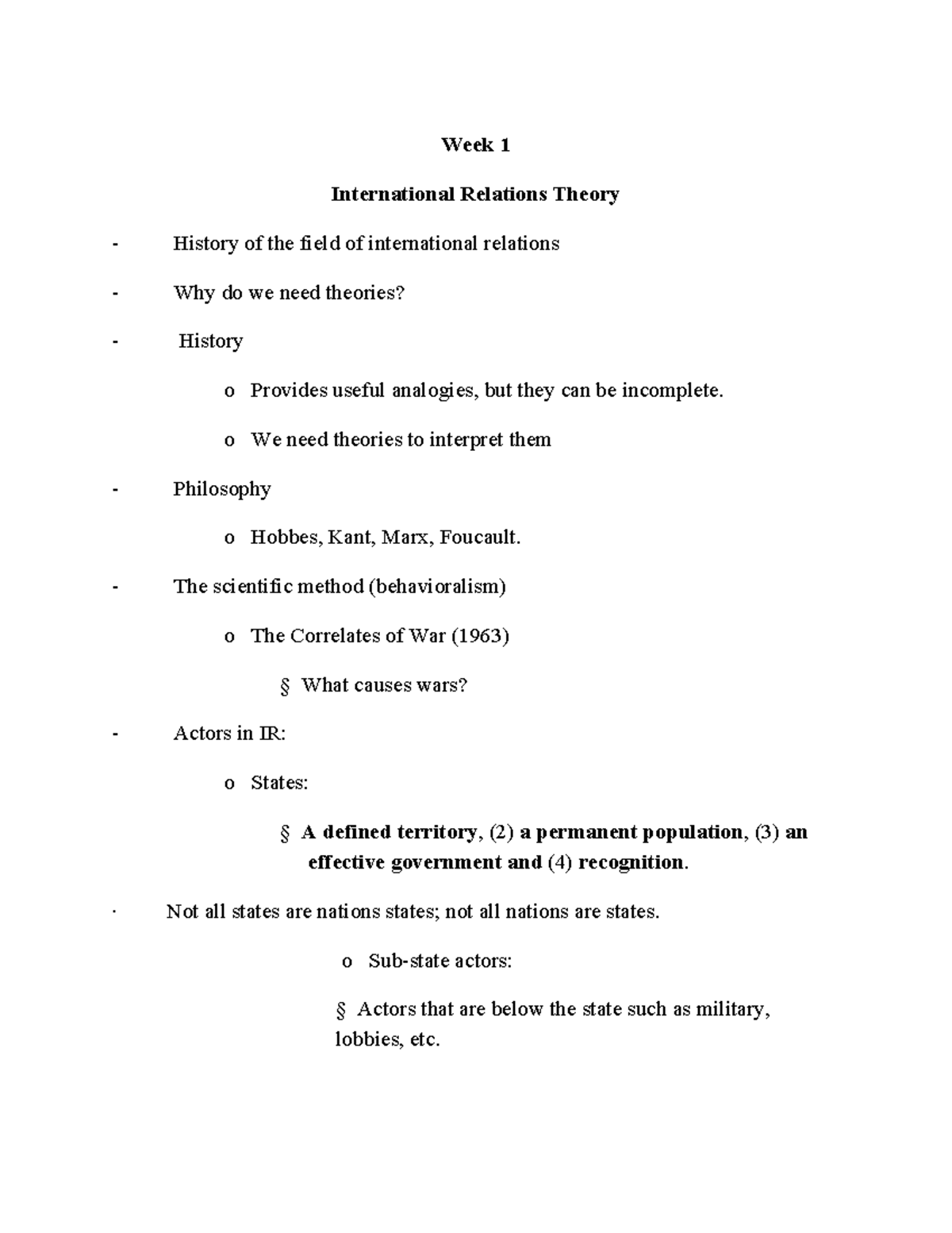IR-305 - Lecture notes 10 - Week 1 International Relations Theory ...