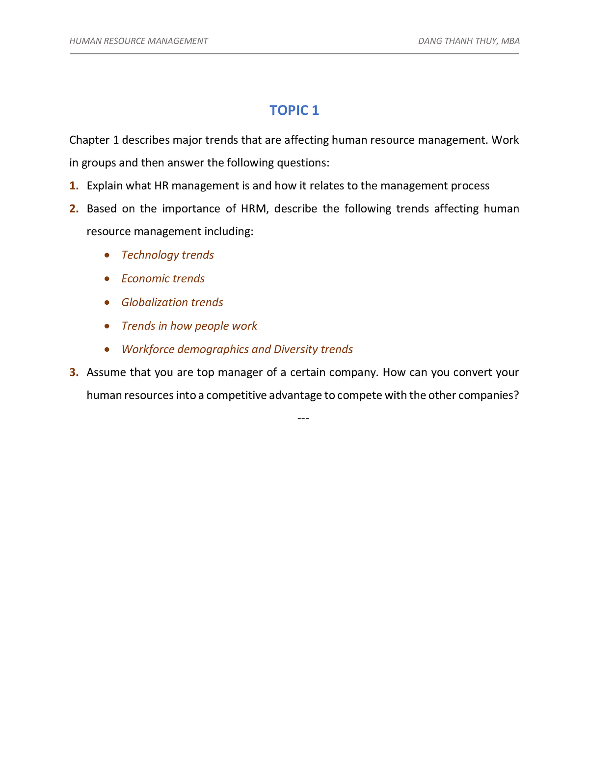 Topic 1 - Topci 1 Pdf - HUMAN RESOURCE MANAGEMENT DANG THANH THUY, MBA ...