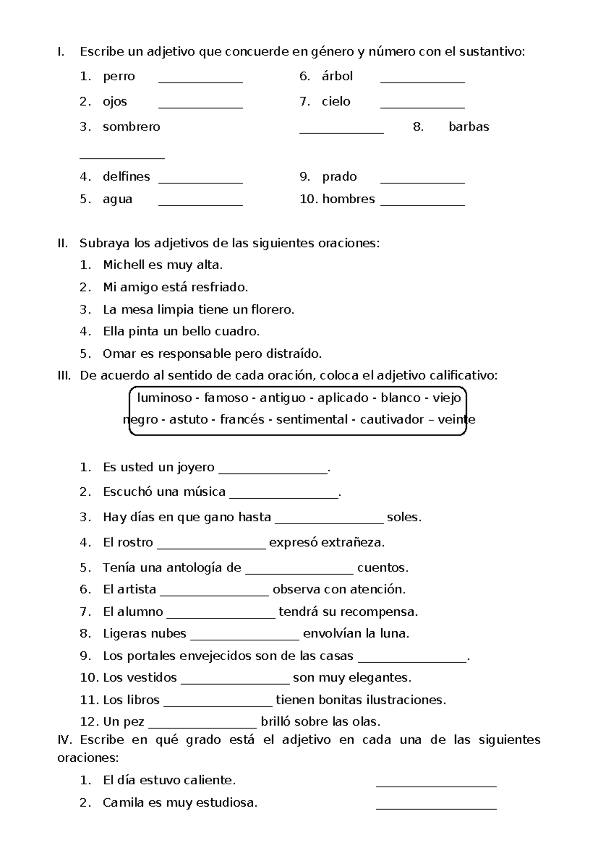 Ficha Adjetivos Ejemplos Para Sexto De Primaria I Escribe Un Adjetivo Que Concuerde En Género 7617