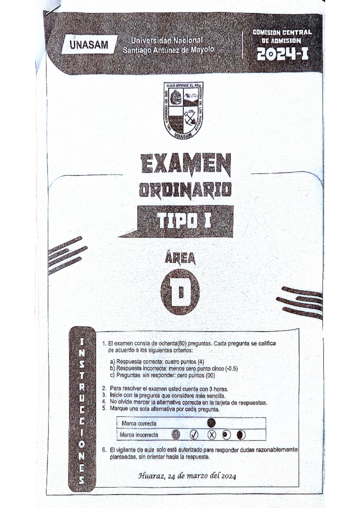 AREA D - EXAMEN RESULTO UNASAM 2024 - COMISION CENTRAL UNASAM ...