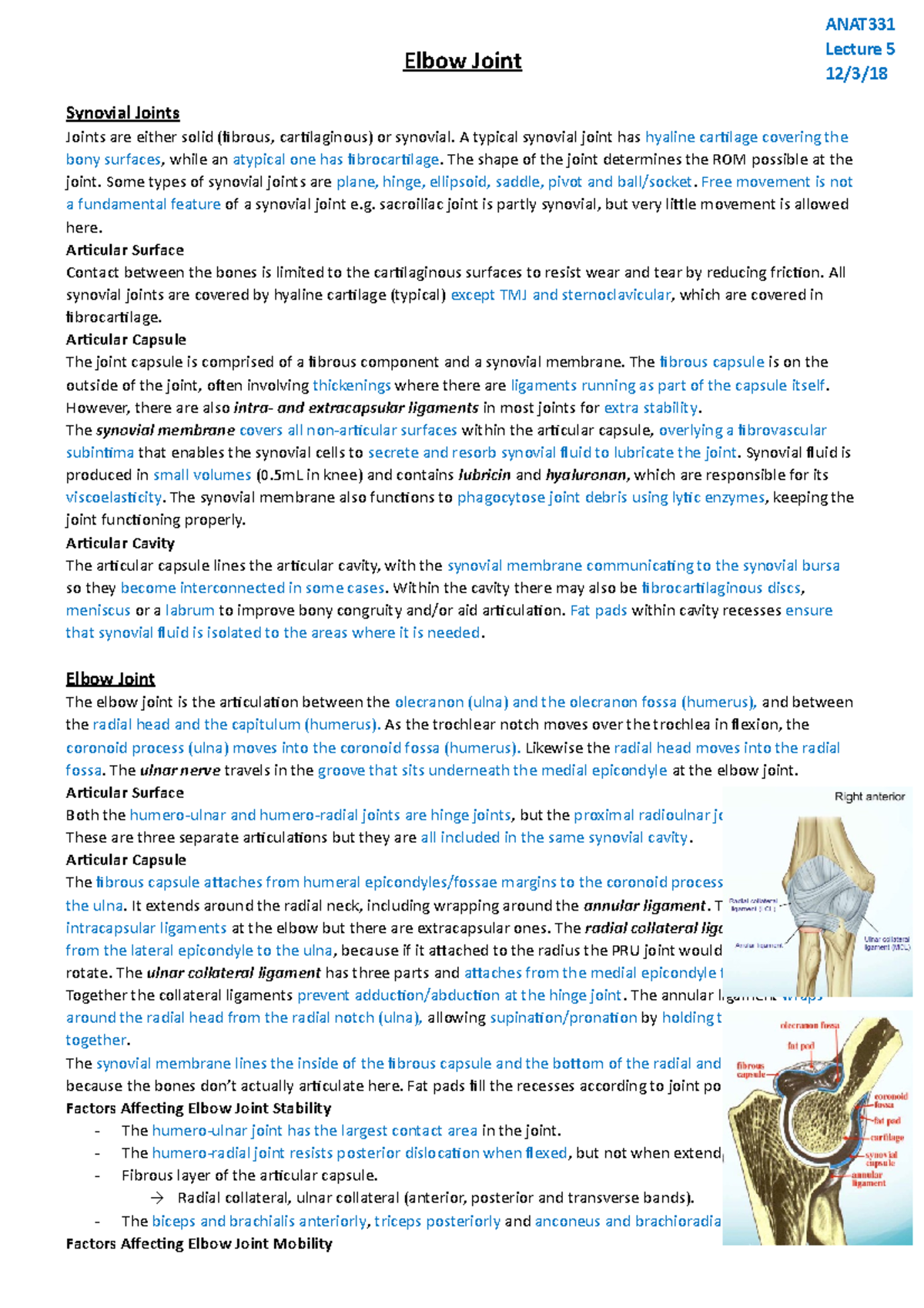 Lecture 5 - Elbow Joint - Elbow Joint Synovial Joints Joints are either ...