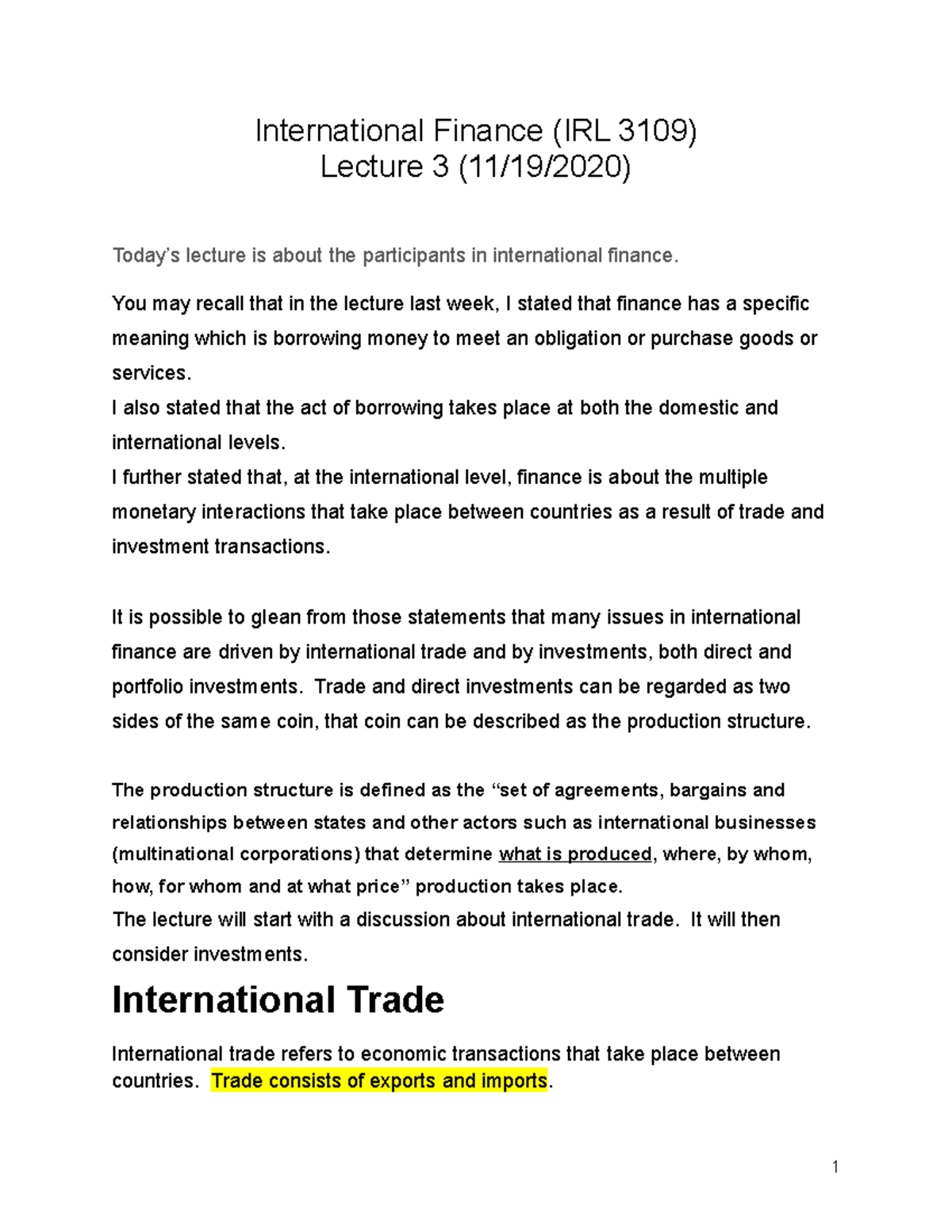 IRL 3109 Lecture 3 (20201119) International Finance (IRL 3109