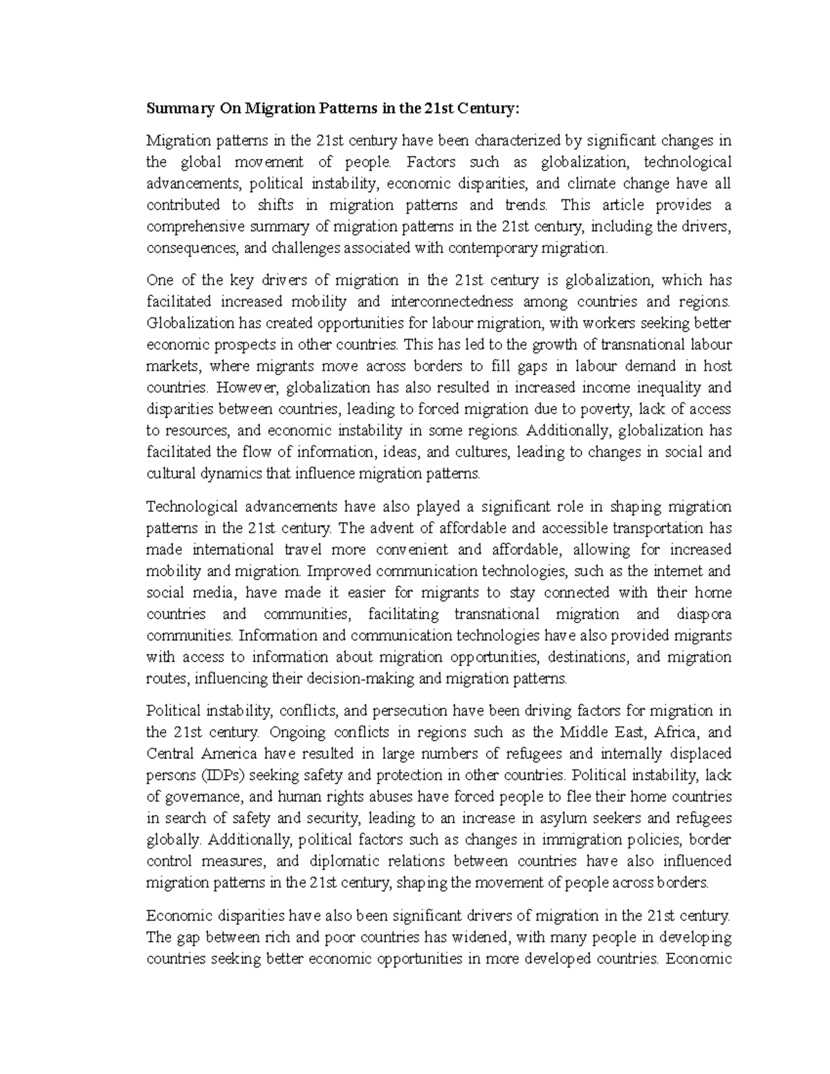 Summary On Migration Patterns in the 21st Century - Summary On ...