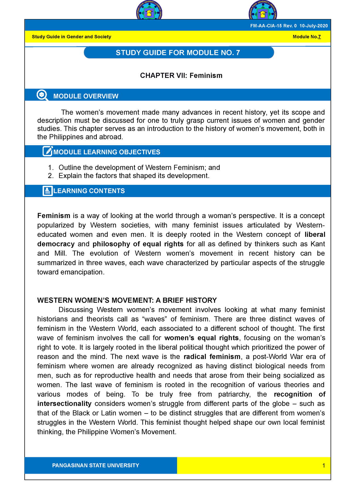 GEE2-Module-7 Feminism - CHAPTER VII: Feminism MODULE OVERVIEW The ...