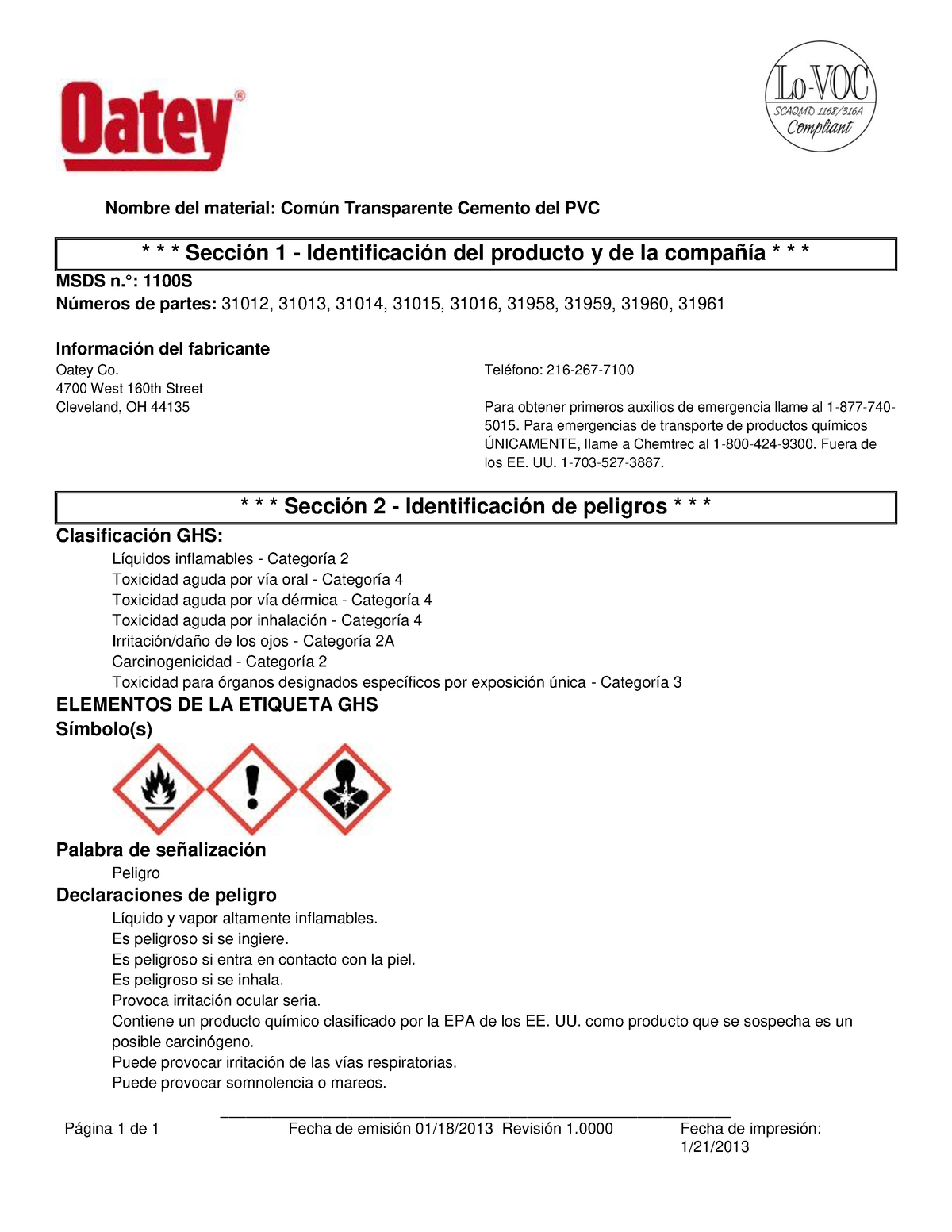 HDS Cemento Oatey - Hoja De Datos De Seguridad - - Studocu