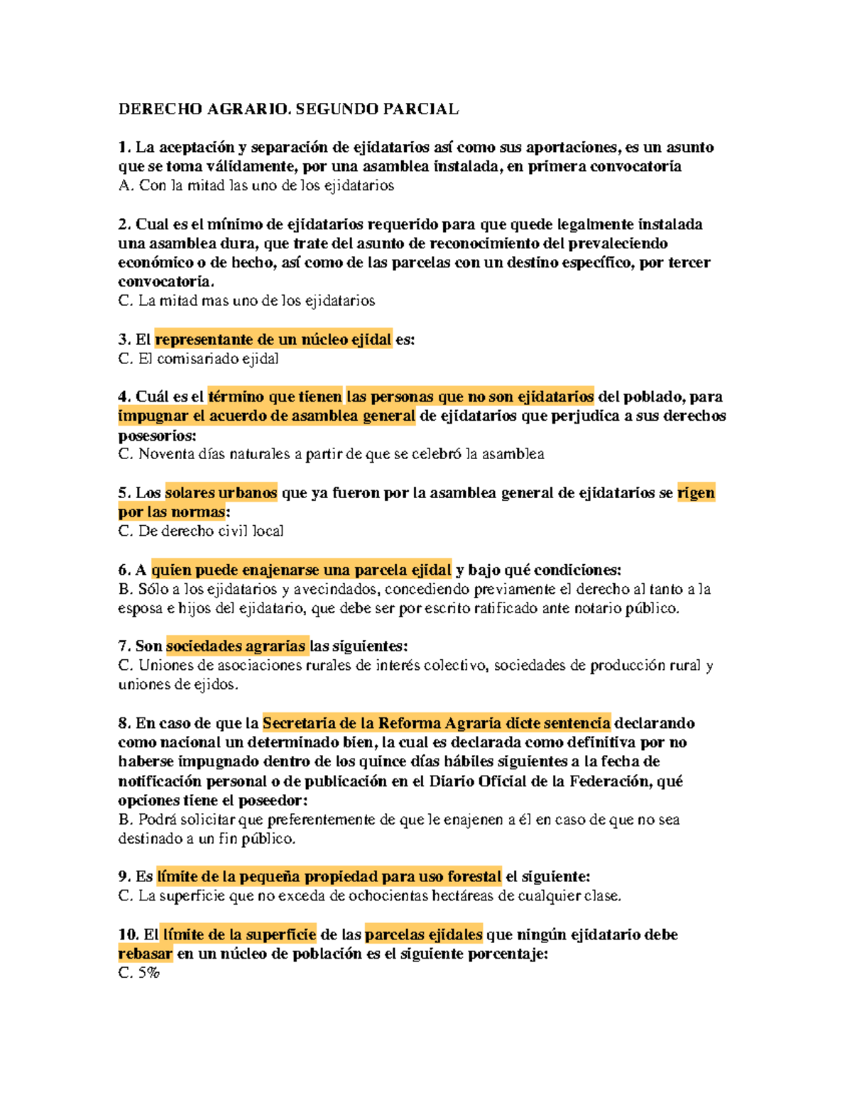 Examen 4 Abril 2014 - DERECHO AGRARIO. SEGUNDO PARCIAL 1. La Y De ...