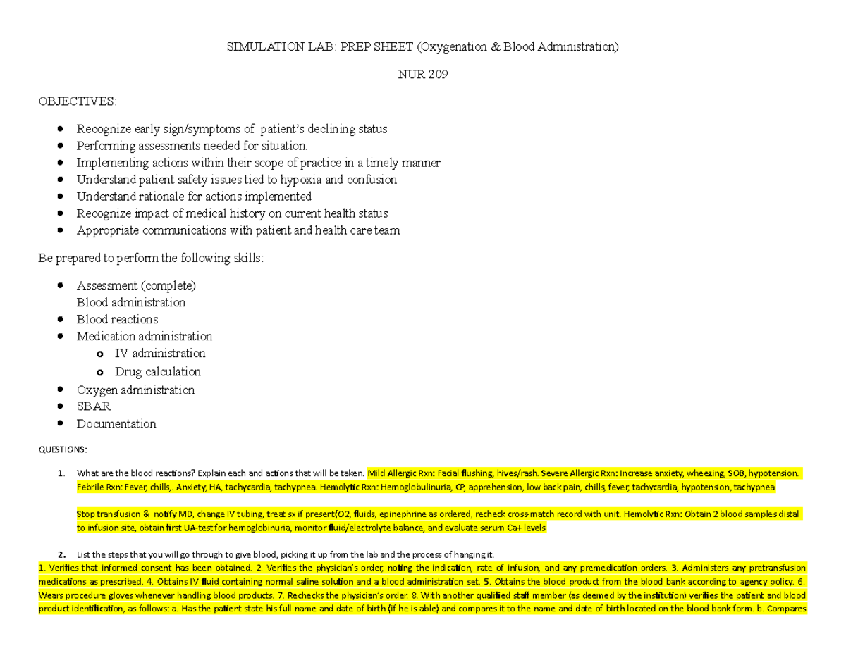 NUR 209 Sim Lab Prep Sheet (Oxygenation & Blood Administration ...