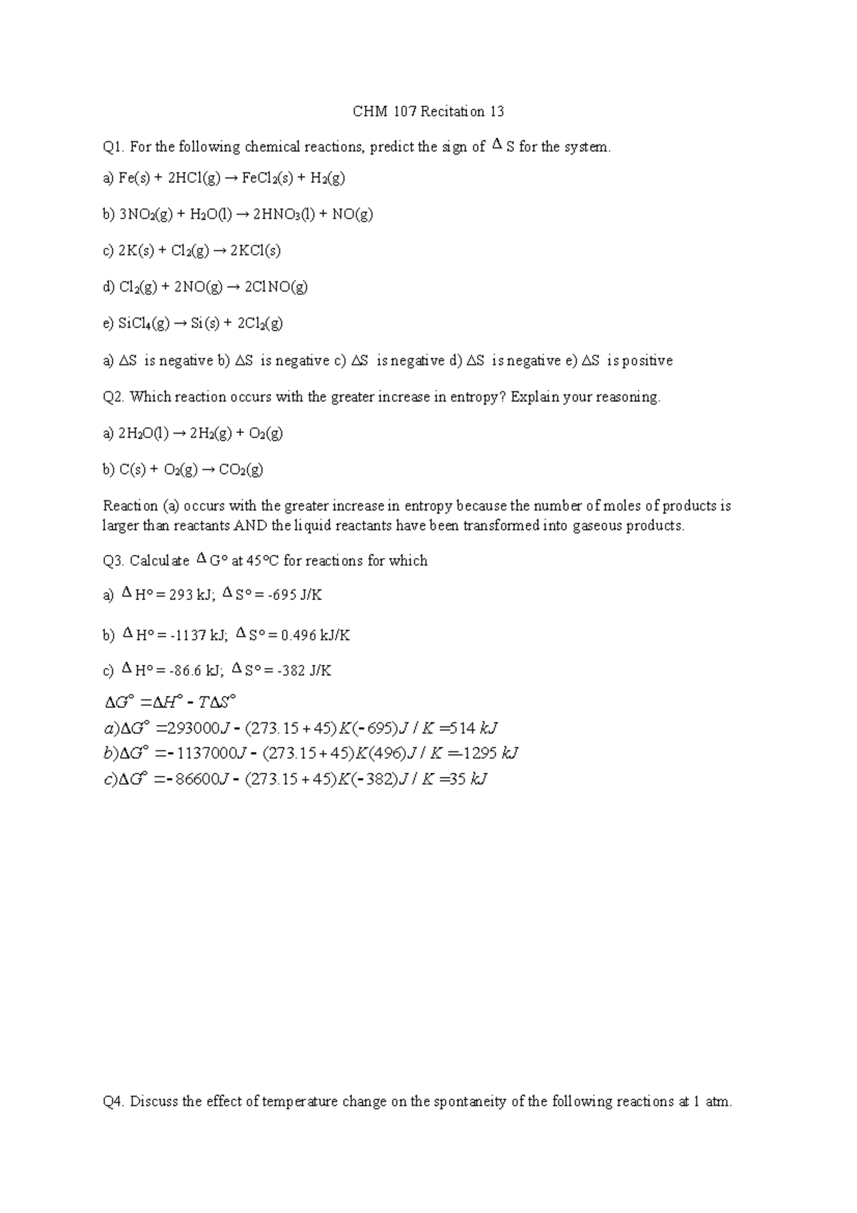 CHM 107 Exercises 13 with Answers - CHM 107 Recitation 13 Q1. For the ...