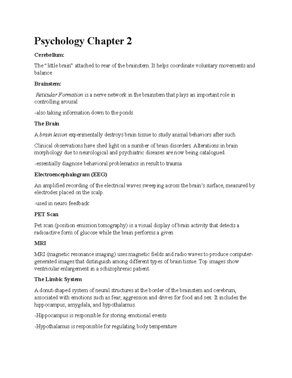 Psych Notes - Psychology Chapter 2 Cerebellum: The “little brain ...