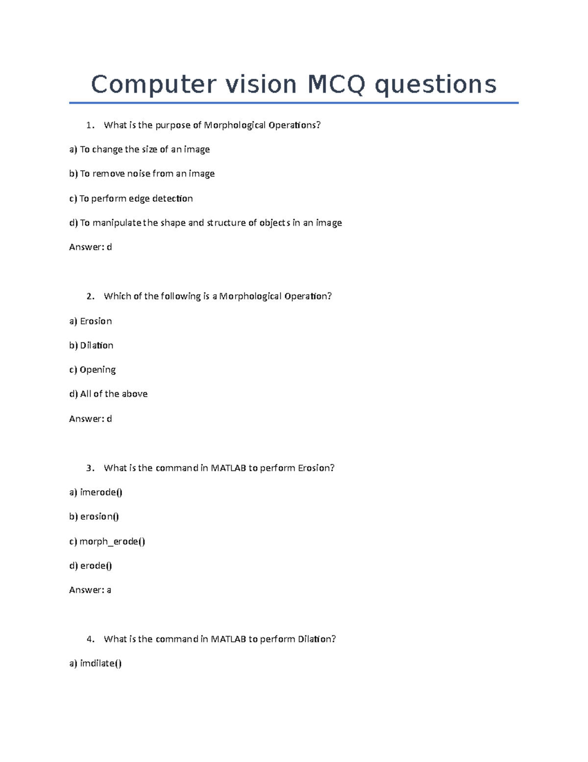 CV Part 2 image processing mcq questions and answers Computer