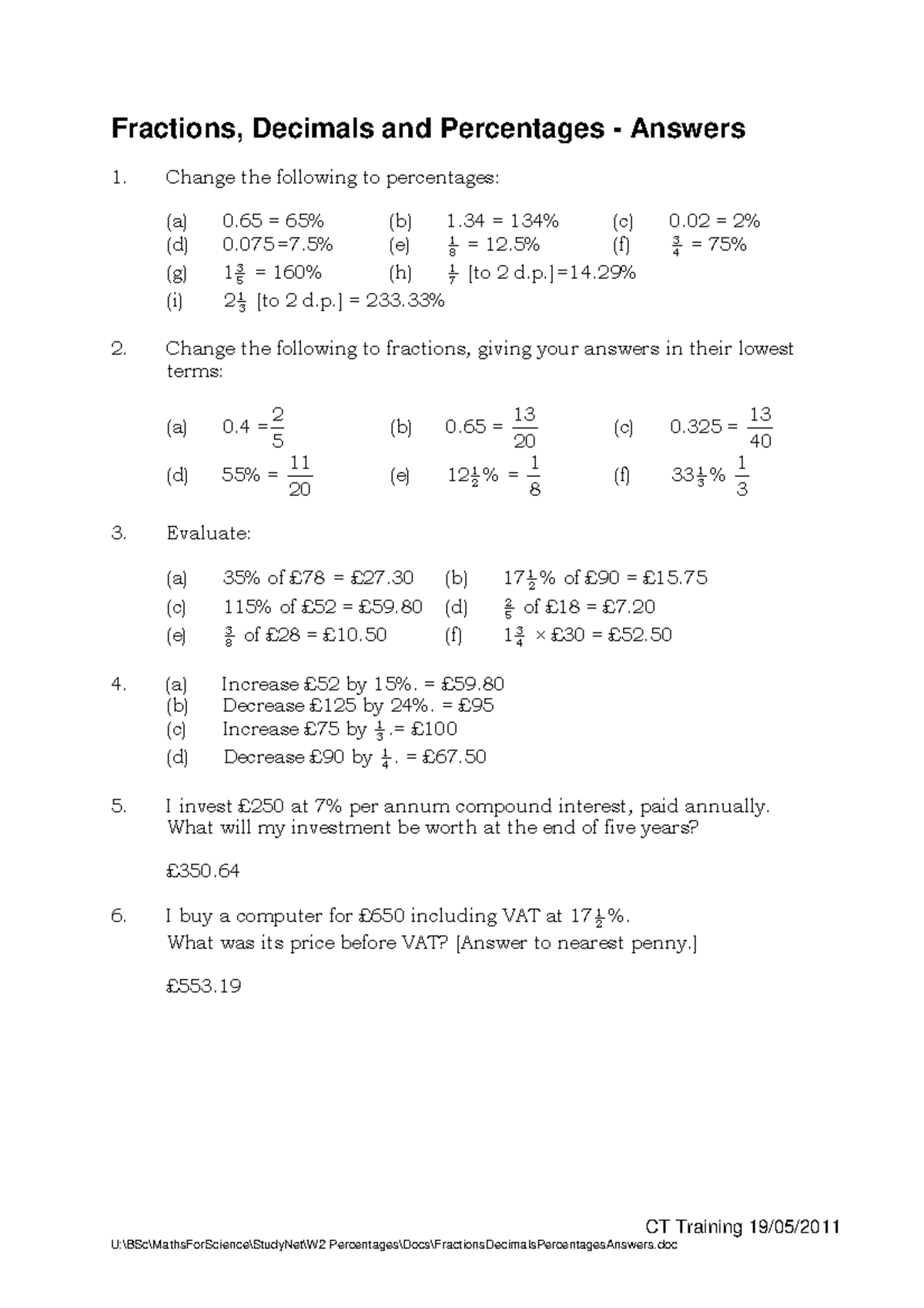 Fractions Decimals Percentages Worksheet 1 Answers - CT Training 19/05 ...
