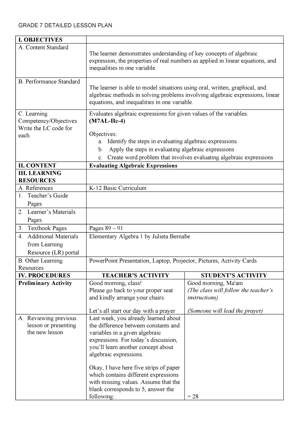 Grade 7 Detailed Lesson Plan on Evaluating Algebraic Expressions ...