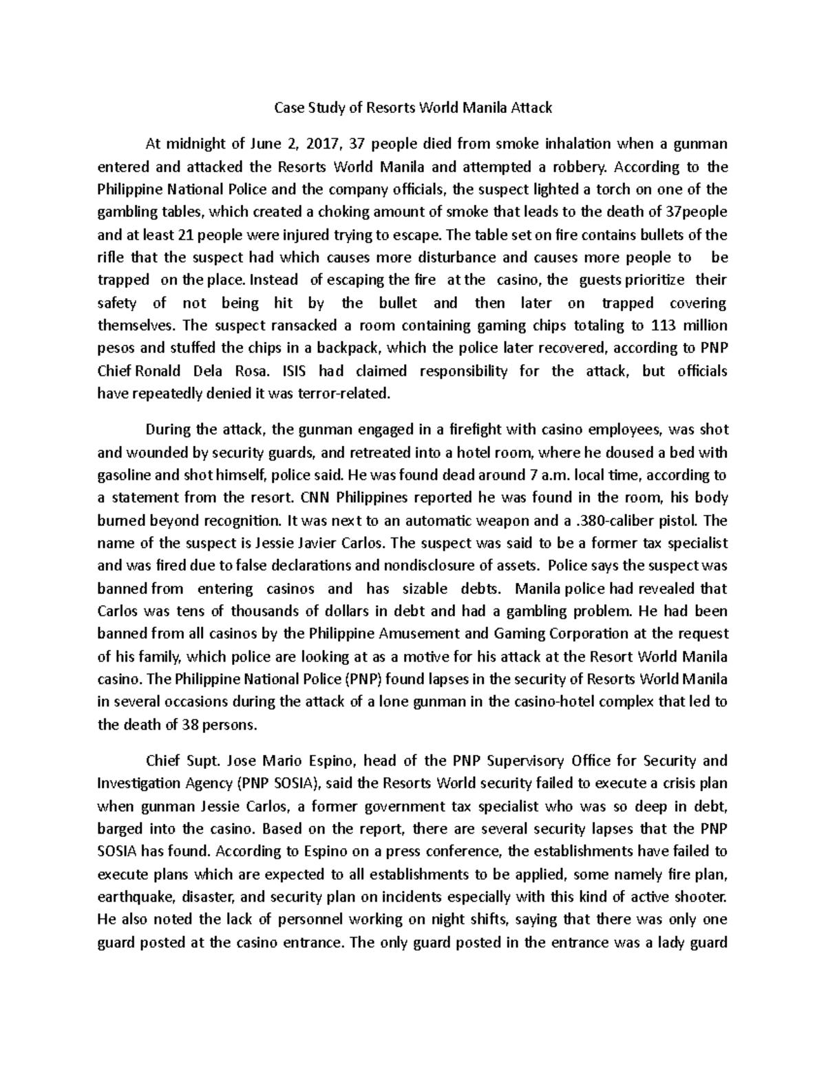 Case Study of Resorts World Manila Attack - According to the Philippine ...