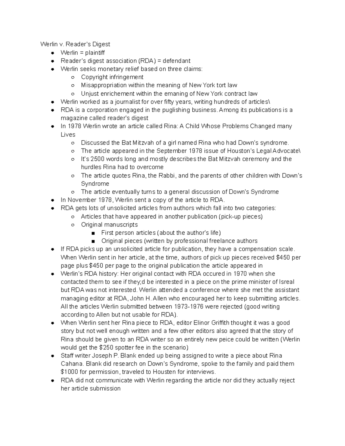 Article summary for Homework 4 Werlin v. Reader’s Digest Werlin