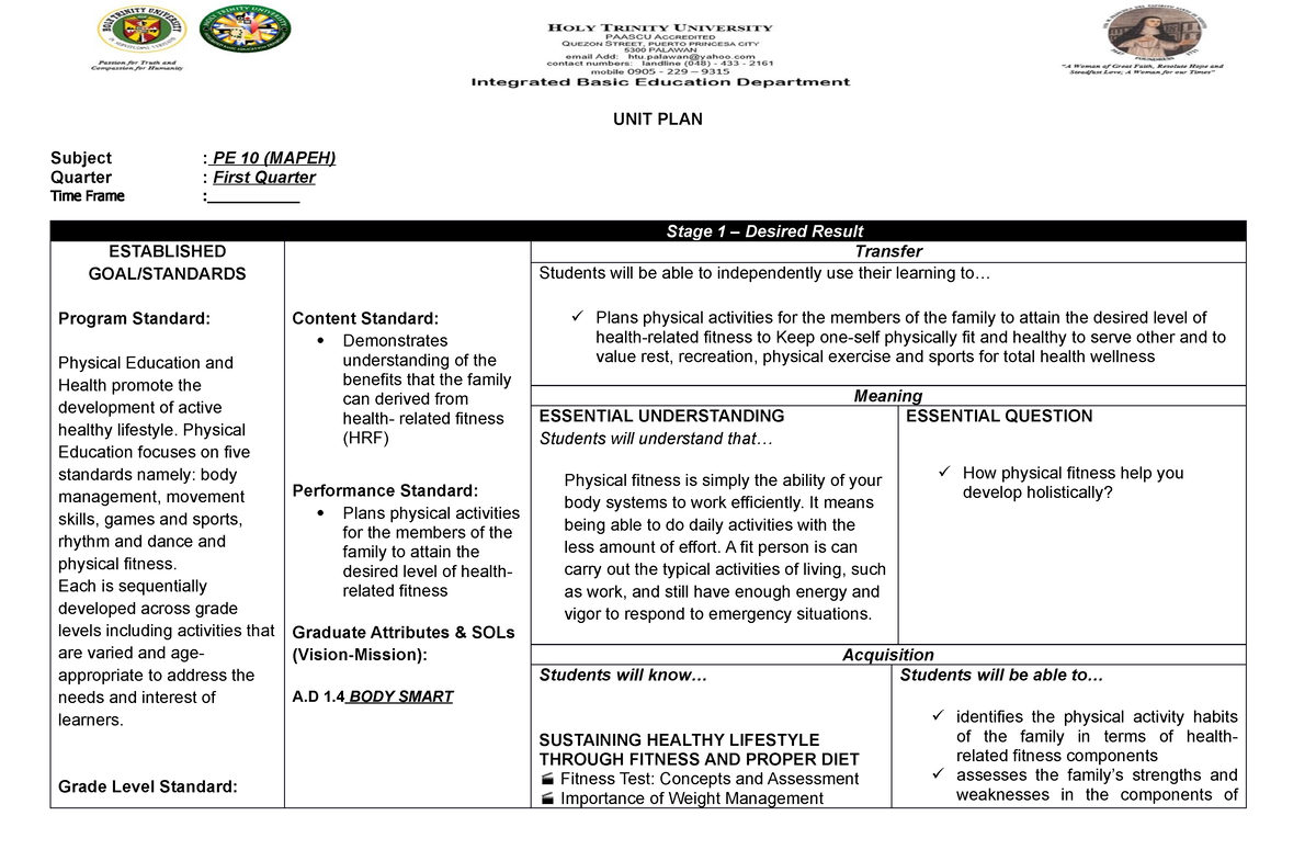 Unit Plan (P.E) Grade 9 - Unit Plan - UNIT PLAN Subject : PE 10 (MAPEH ...