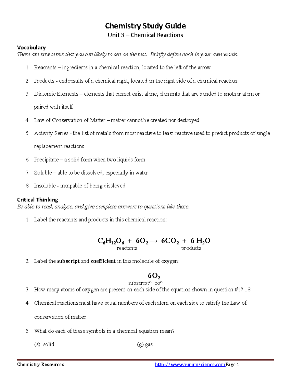 Unit 3 - Chemical Reactions Study Guide (1) - Chemistry Study Guide ...