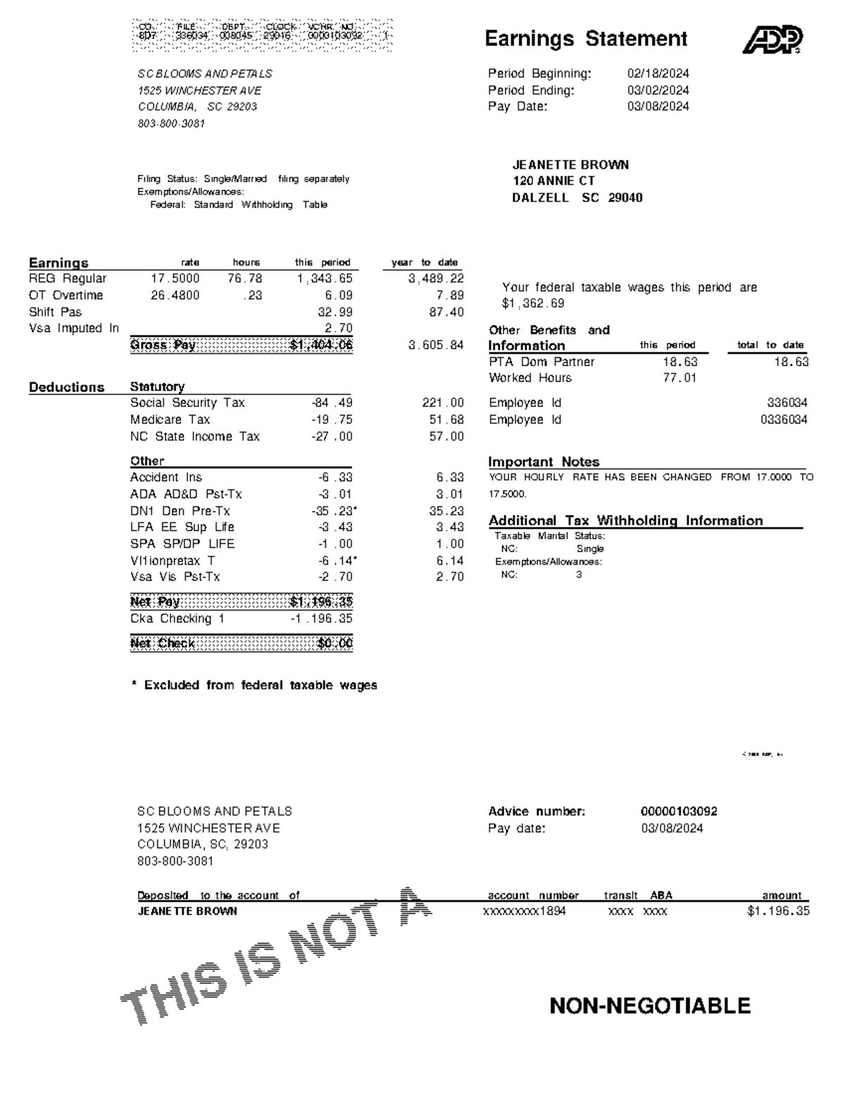 Statement for Mar 8, 2024 JEB - Earnings Statement 2000 ADP, Inc ...