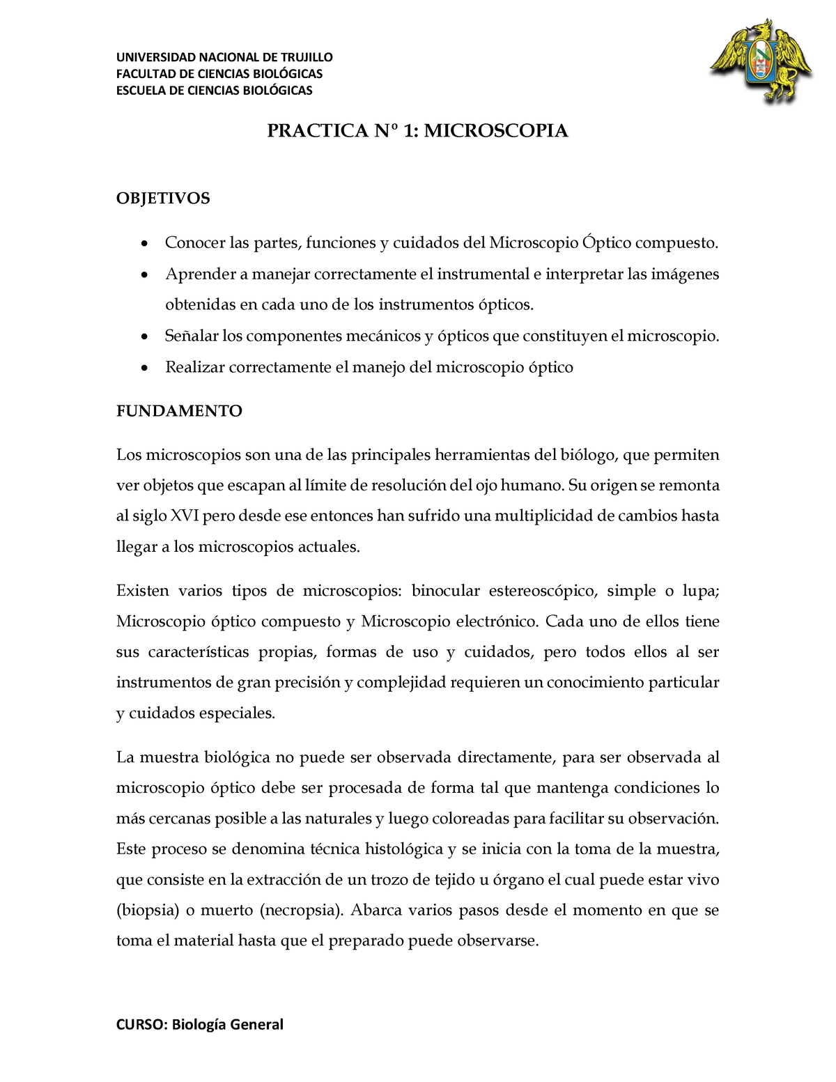 Practica Microscopia - FACULTAD DE CIENCIAS BIOL”GICAS ESCUELA DE ...