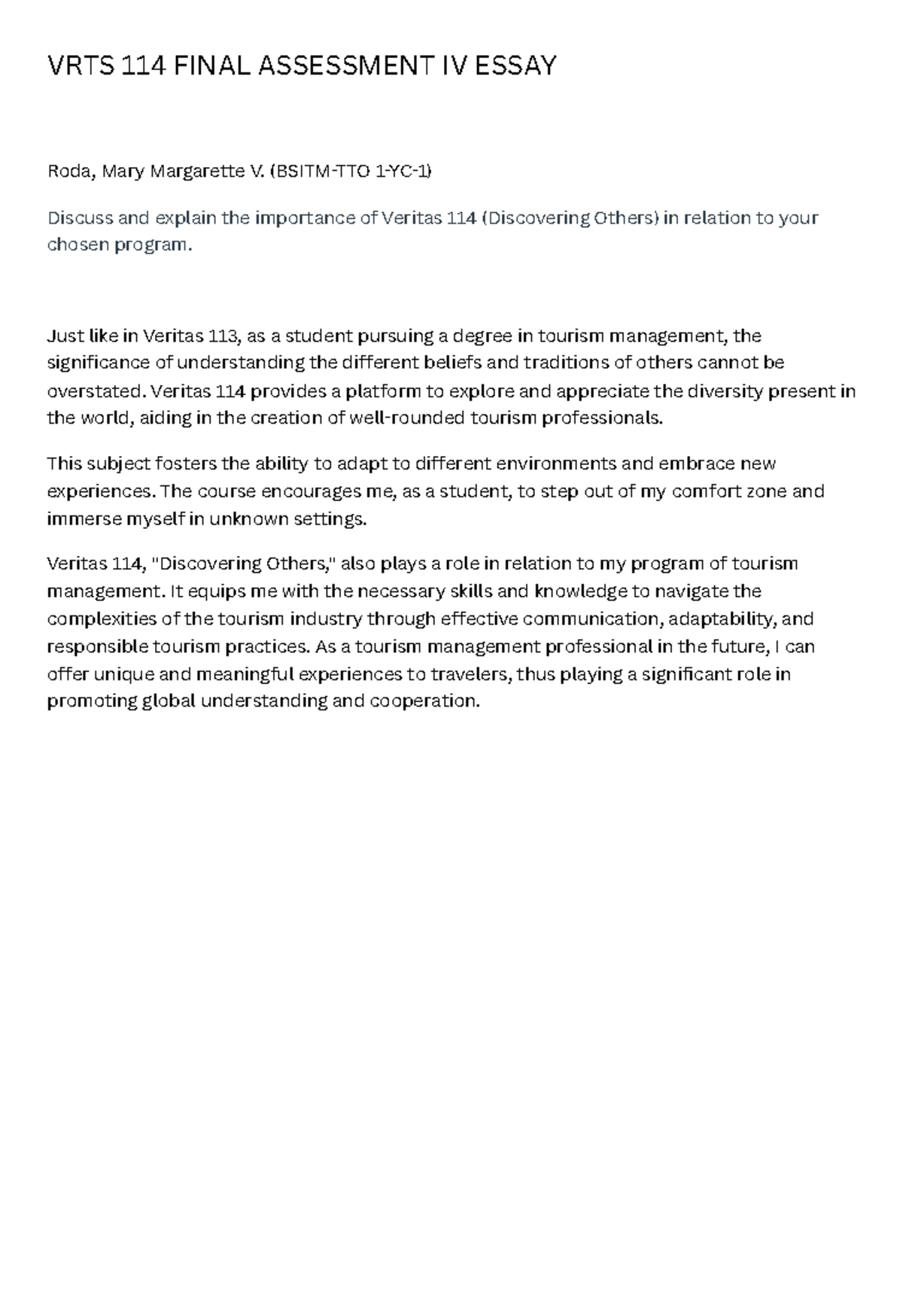 VRTS 114 Final Assessment IV Essay - VRTS 114 FINAL ASSESSMENT IV ESSAY ...