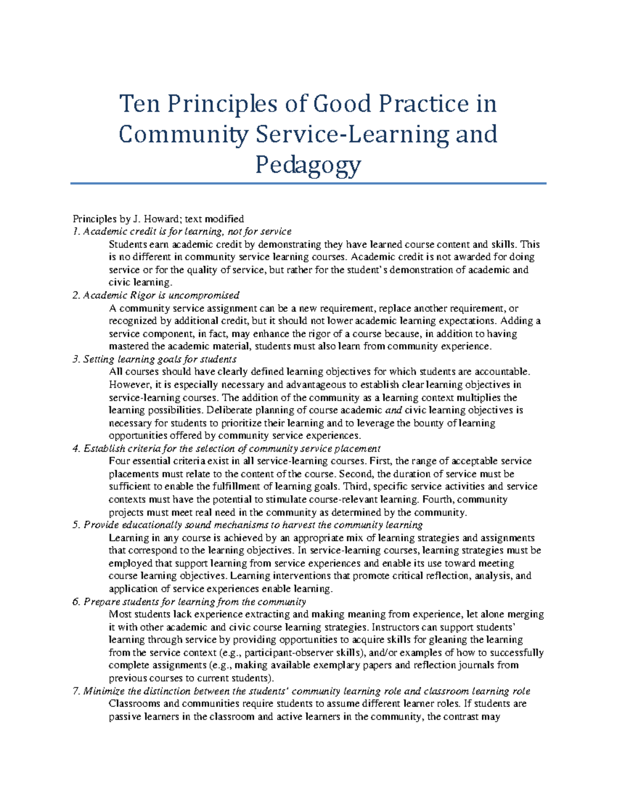 Ten Principles of Good Practice in Service Learning - Ten Principles of ...
