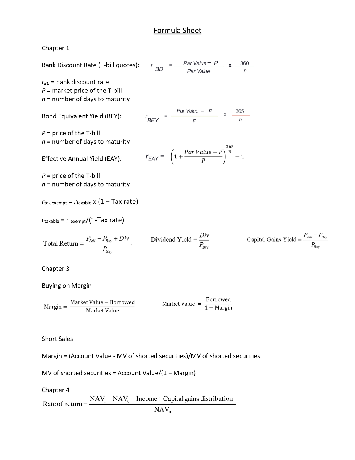 Formula Sheet - Formula Sheet Chapter 1 Bank Discount Rate (T-bill ...