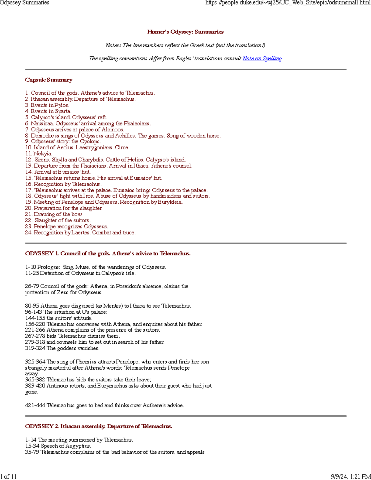 Odyssey synopsis - Homer's Odyssey: Summaries Notes: The line numbers ...