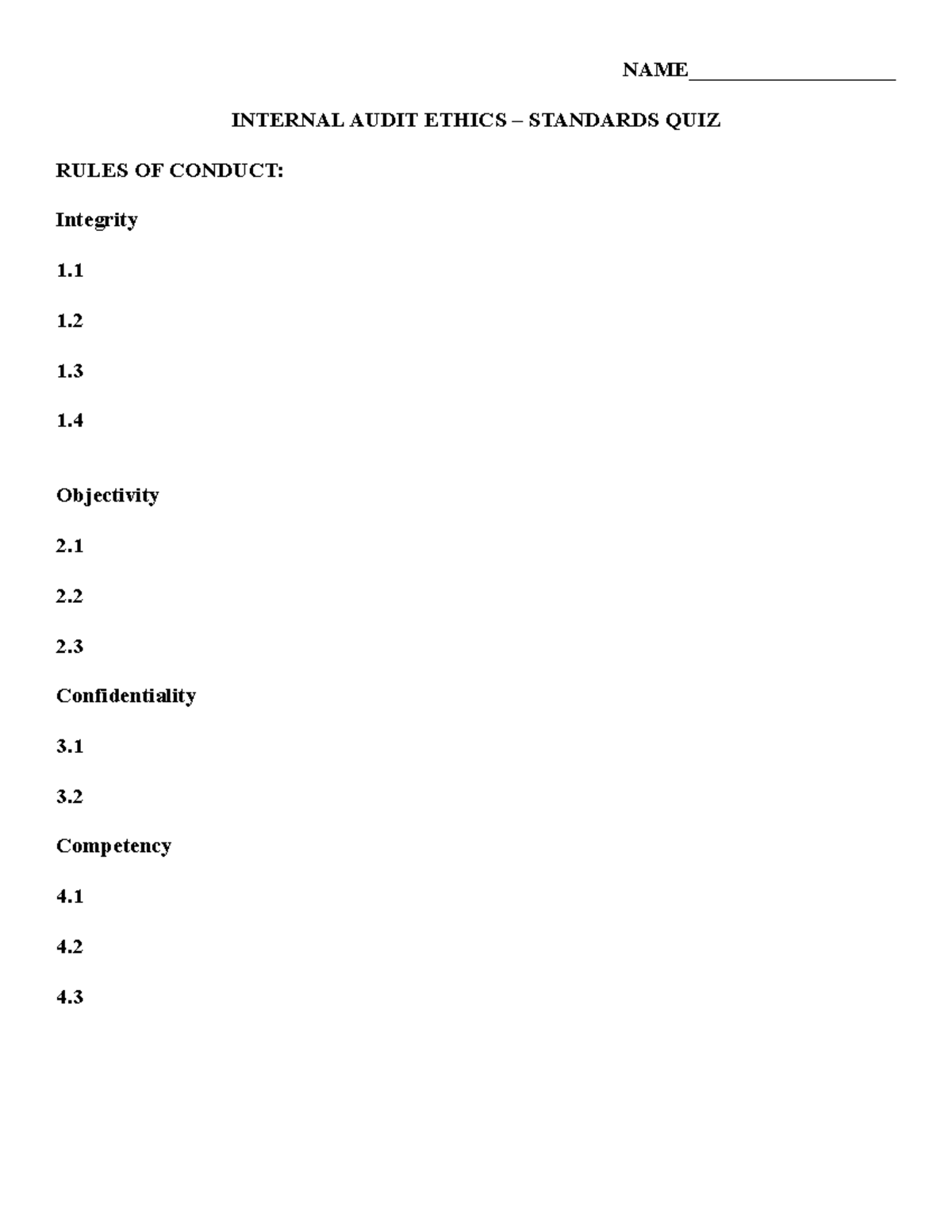 Quizz 1 and 2 NAME___________________ INTERNAL AUDIT ETHICS