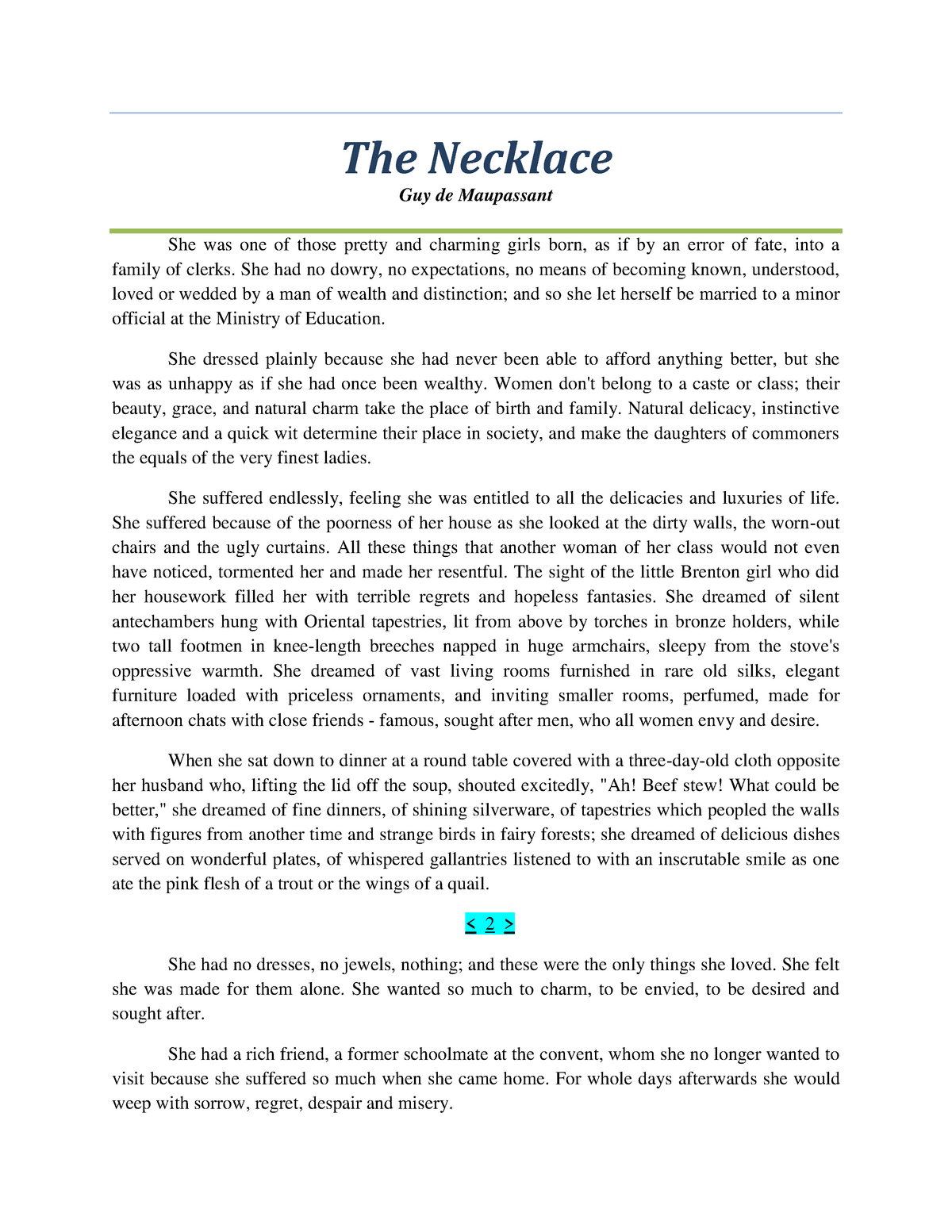 The Necklace by Guy de Maupassant Essay Example | Topics and Well Written  Essays - 750 words