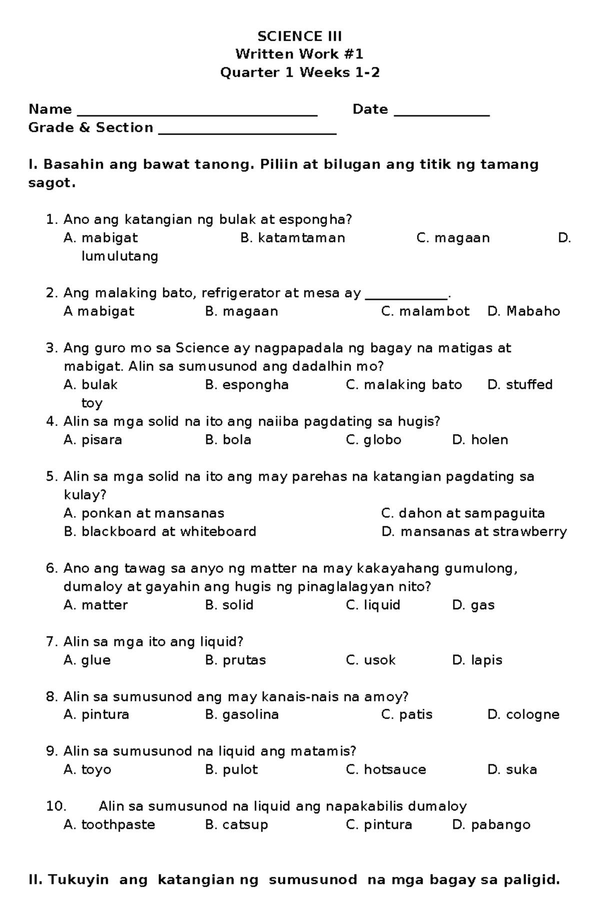 Q1 ST1 SCI3 2024 2025 Quizzes and lesson plans SCIENCE III Written