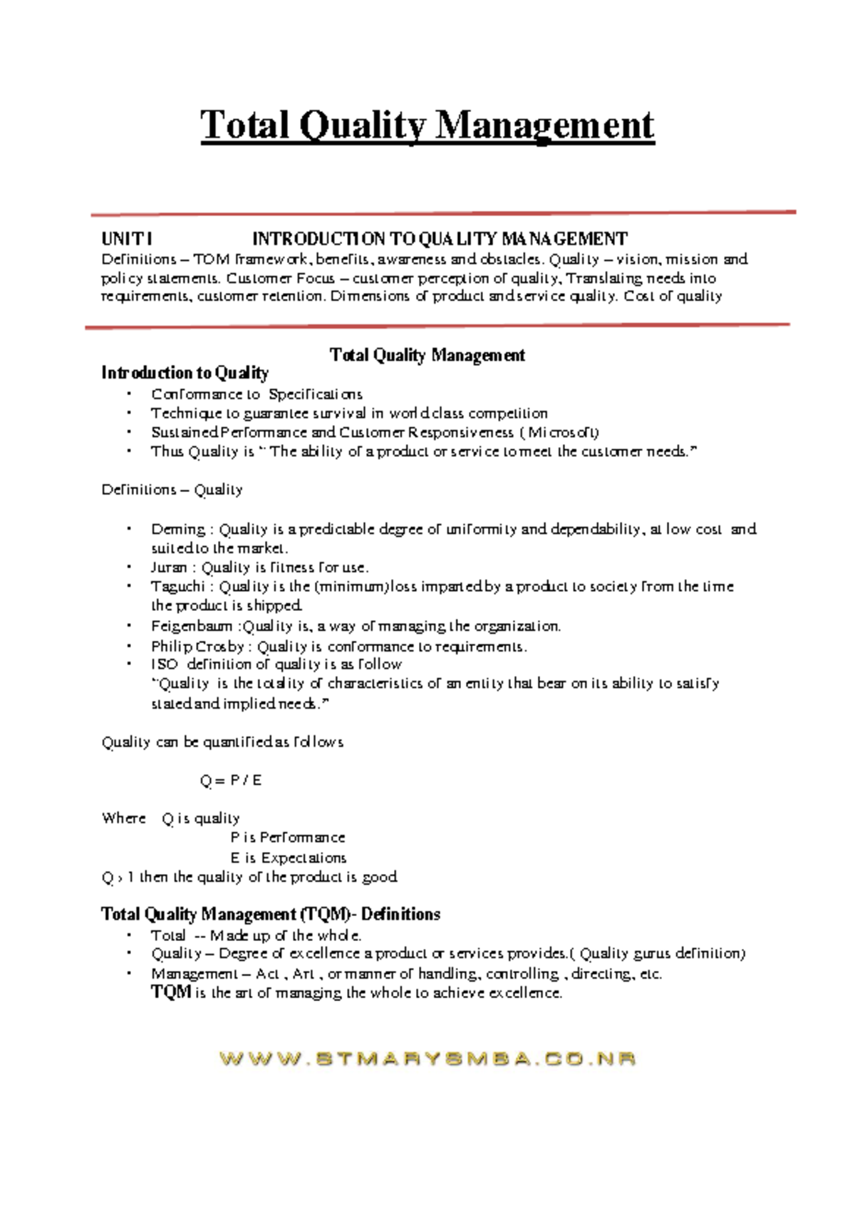 TQM Notes 1 to 5 Unit - Total Quality Management UNIT I INTRODUCTION TO ...