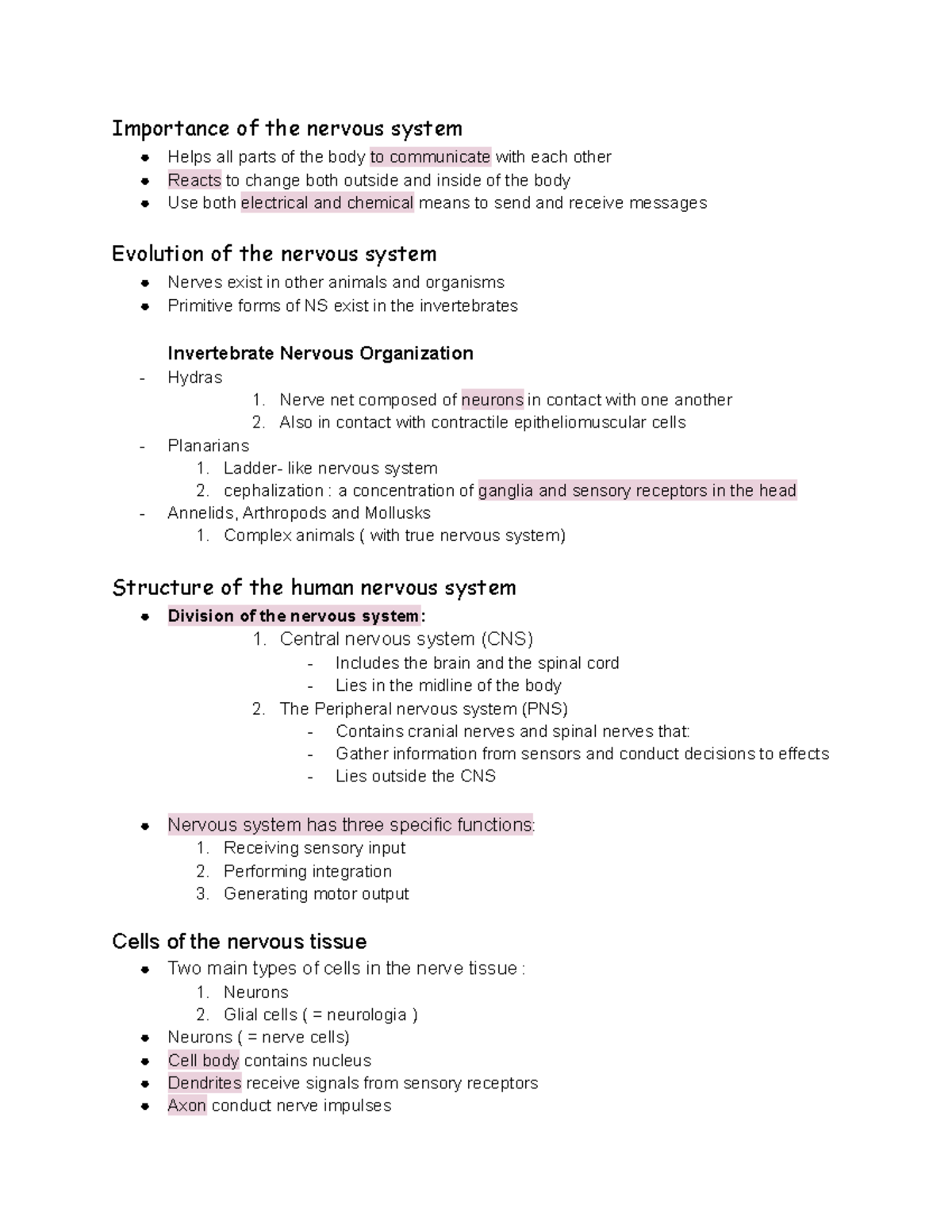 Lecture Notes 22 notes - Importance of the nervous system Helps all ...