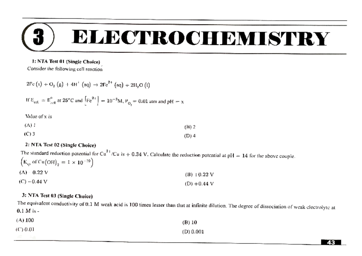 Electrochemistry (JEE Main Qns) (3) ELECTRO CHEMISTRY I NTA Test 01