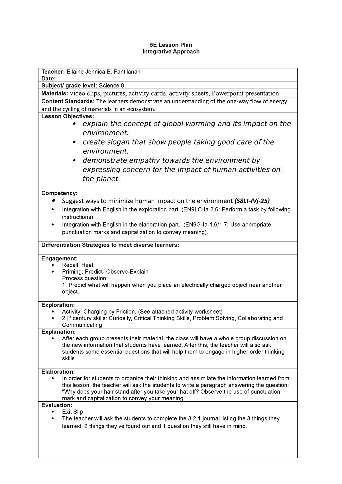 5E Lesson Plan integrative 2 - 5E Lesson Plan Integrative Approach ...