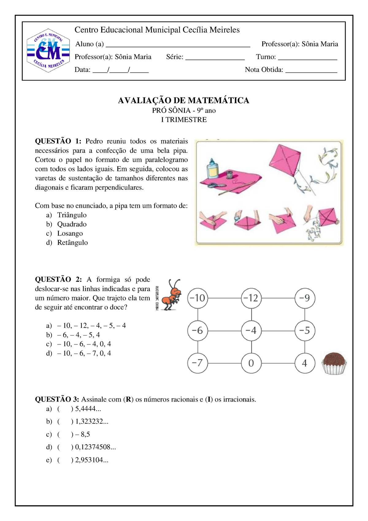 Avaliação De MAT 9 Ano - Prova De Matemática 9º Ano - AVALIAÇÃO DE ...