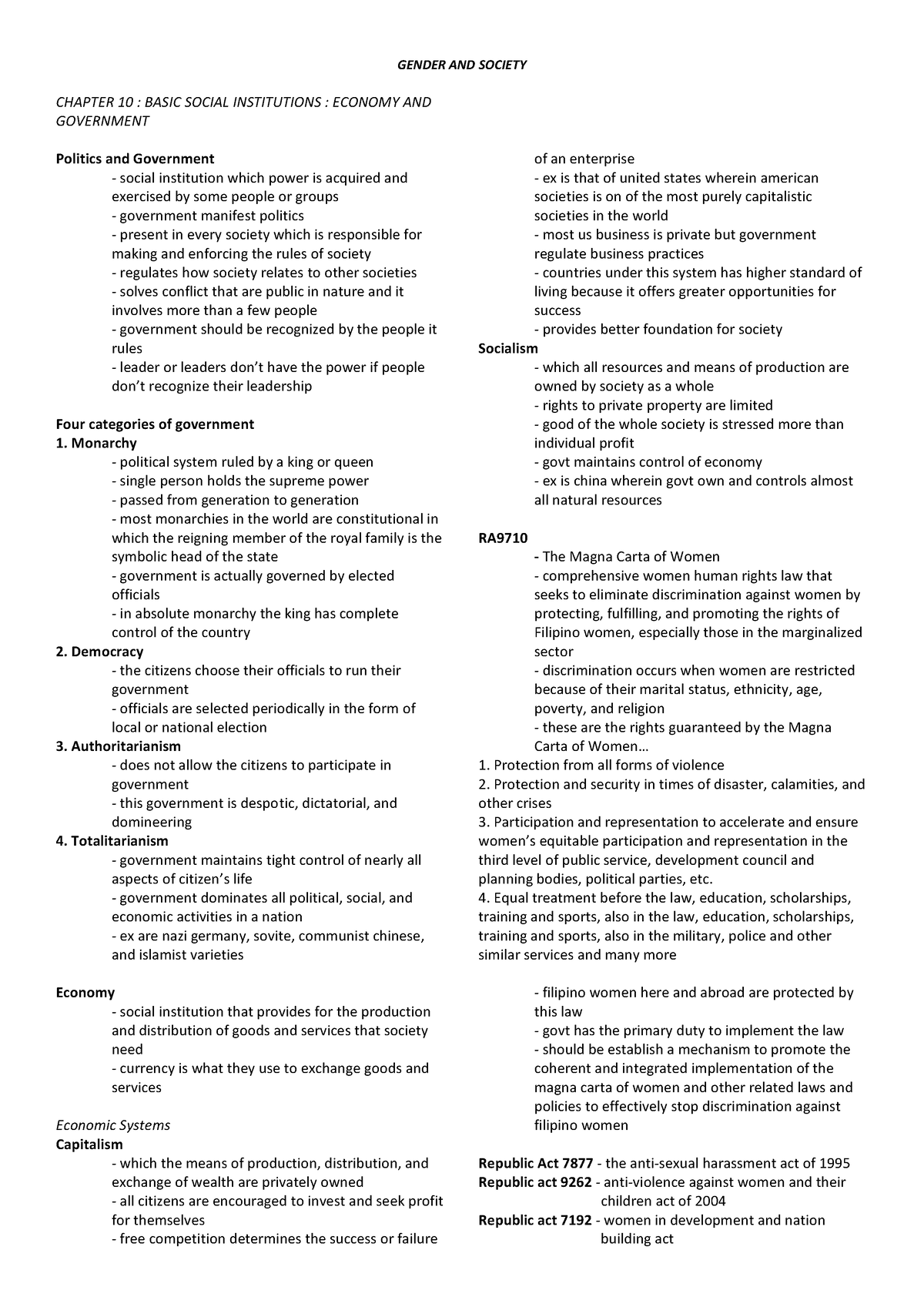 Chapter 10 - Basic Social Institutions Economy AND Government - GENDER ...