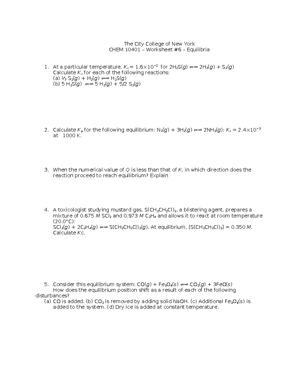 Chem104 CH13 Equilibria WS - The City College of New York CHEM 10401 ...