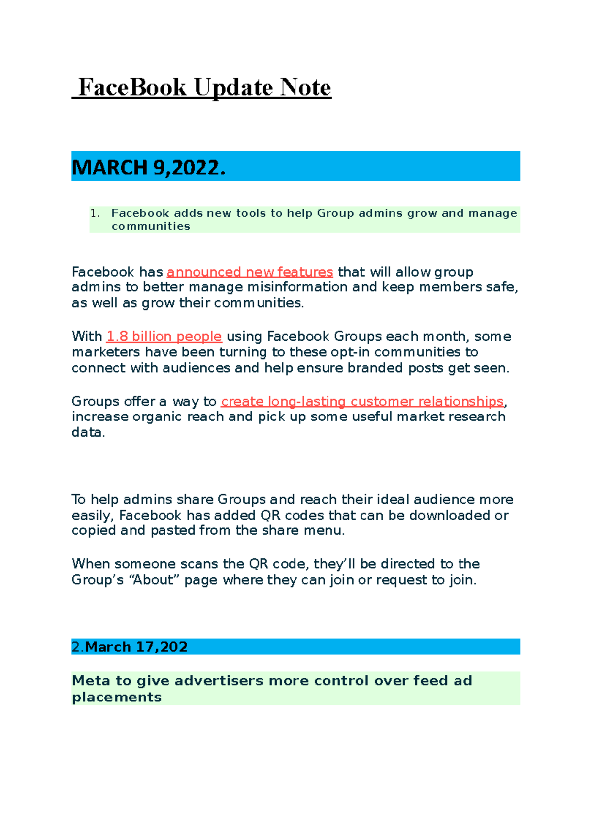 Face Book Update Note - Facebook Upadate - FaceBook Update Note MARCH 9 ...