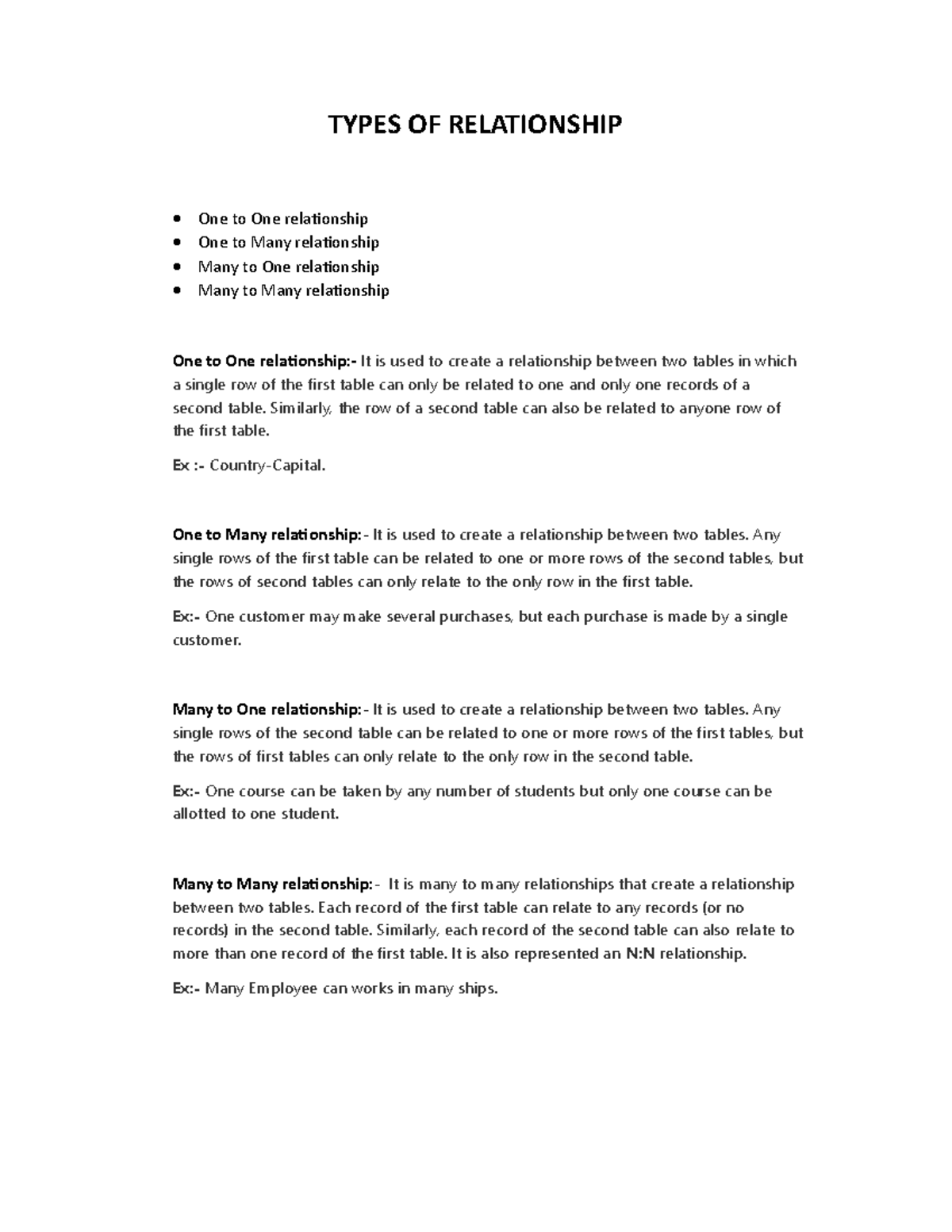 Types of relationships - TYPES OF RELATIONSHIP One to One relaƟonship ...